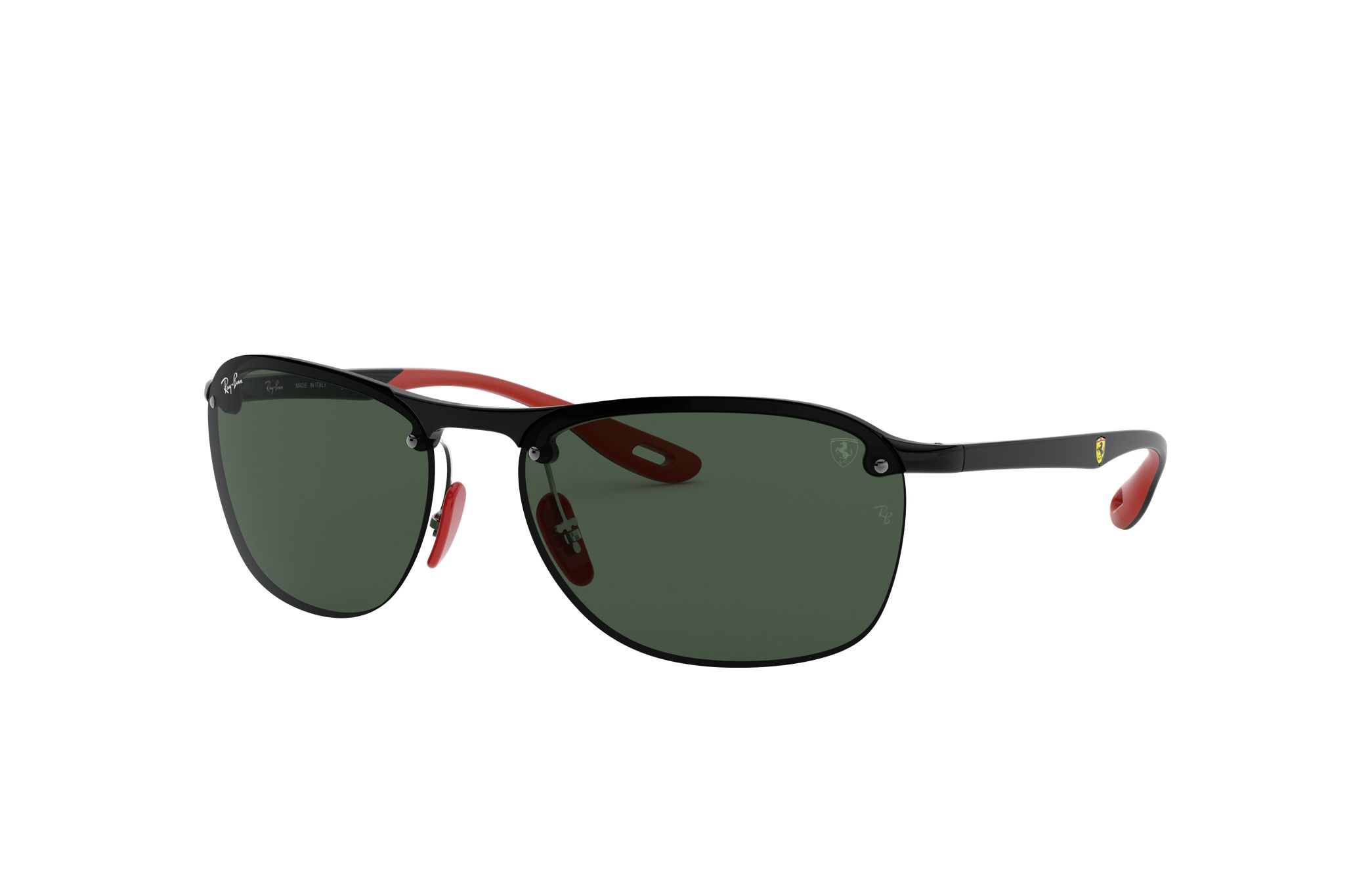 Ray-Ban RB4302-F601/71 Unisex Scuderia Ferrari Matte Black Square sunglasses with green lenses and red bridge detail.